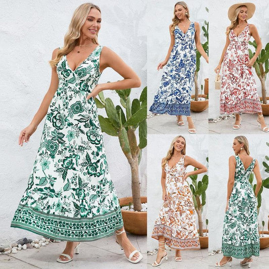 Cheky - Fashion Floral Print V-neck Dress Summer Sexy Slim Fit Sleeveless Long Dress