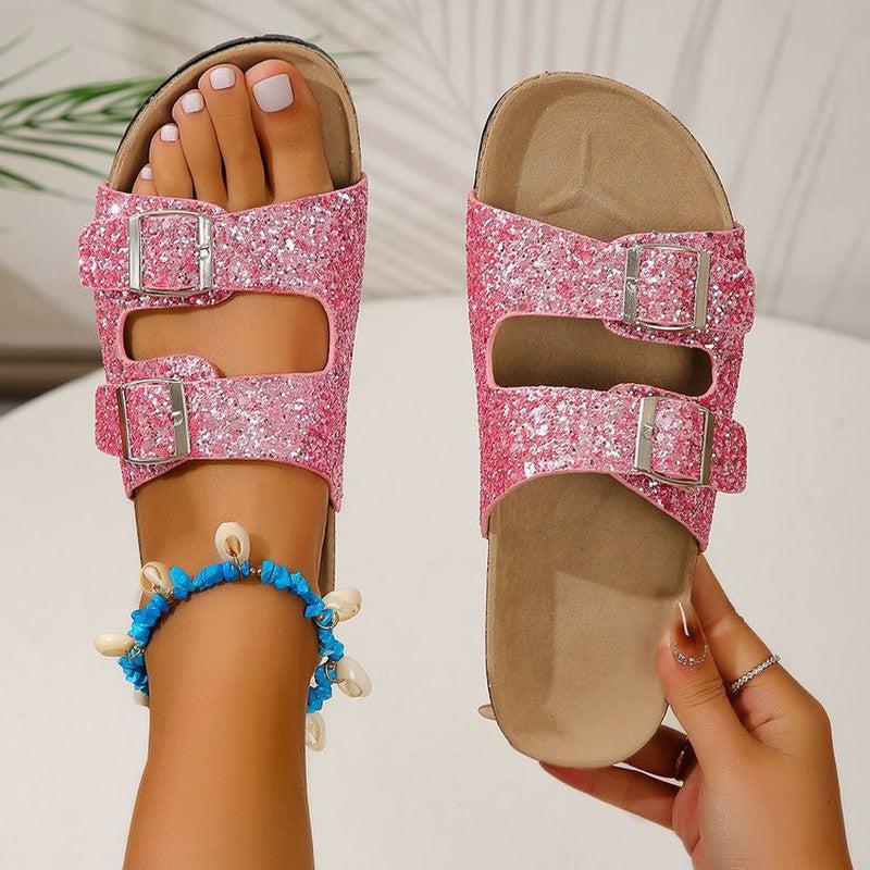 Cheky - Double Buckle Sandals For Women New Fashion Sequined Beach Shoes Summer Leisure Outdoor Slippers Slides