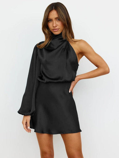 Cheky - Satin Long Sleeve One-shoulder Elegant Dress