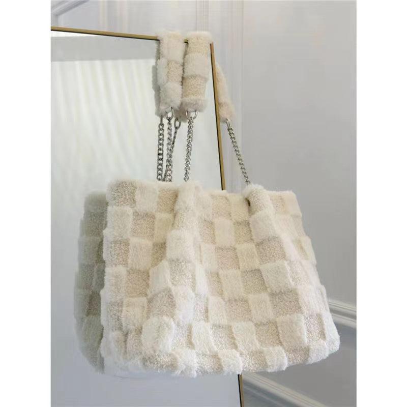 Cheky - White Plush One Shoulder Bag Casual Tote Bag