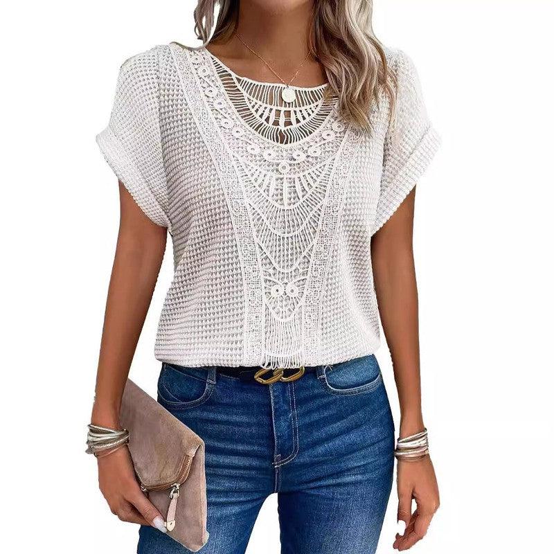 Cheky - Lace Patchwork Short-sleeved T-shirt Women's Clothing