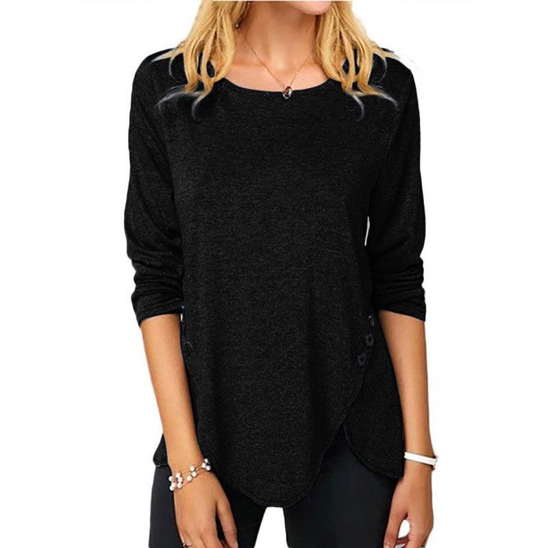 Cheky - Spring And Summer Hot Style Irregular Button Hem Long Sleeve Round Neck T-shirt