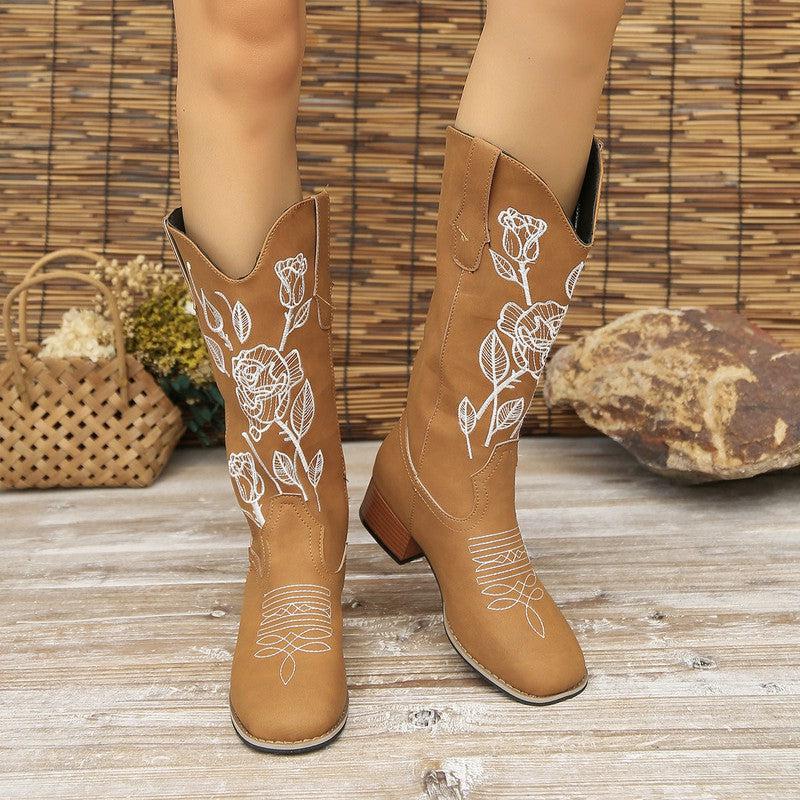 Cheky - Flower Embroider Mid Calf Cowboy Boots Women Autumn Winter Chunky Heels Western Boots Square Toe Denim Long Boots Fashion Shoes