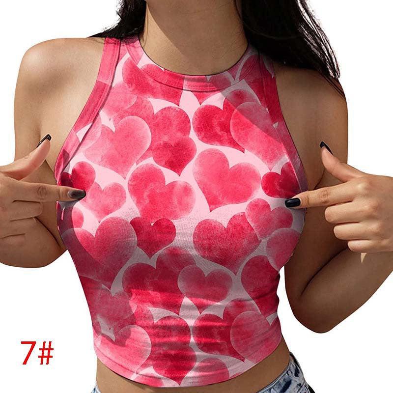 Cheky - European And American Spring And Summer Print Round Neck Sleeveless Casual Vest Crop Top Women's Ins