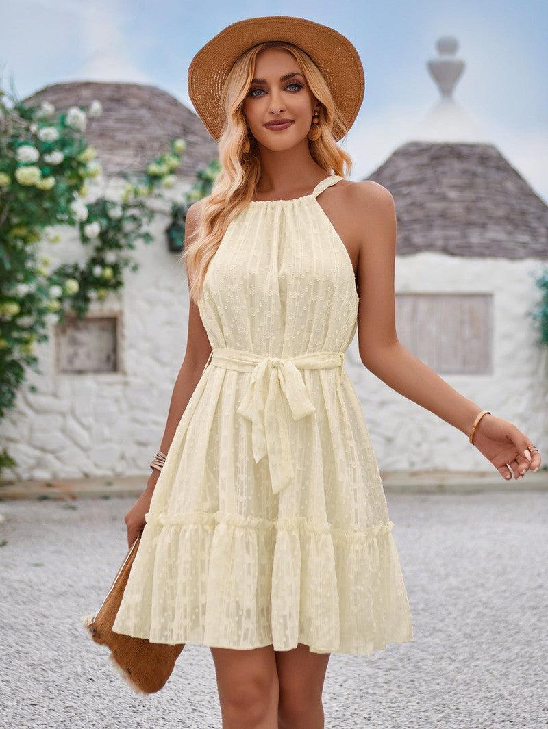 Cheky - Solid Color Halterneck Dress Summer Casual Lace Tie Waist Womens Clothing New Fashion Vacation Beach Dresses