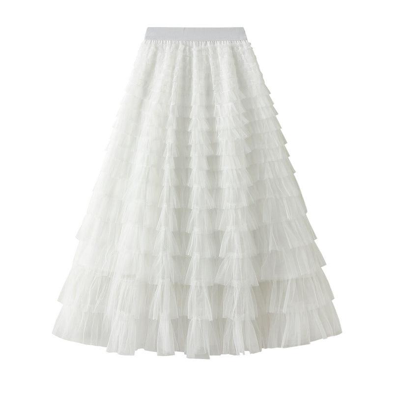 Cheky - A-Line Mesh Ruffle Skirt Women's Temperament Sweet Long Skirt Slim Cupcake Dress Womens Clothing