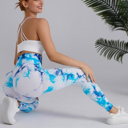 Cheky - Tie-dye Printed Yoga Pants Fashion Seamless High-waisted Hip-lifting Trousers Sports Running Fitness Pants For Womens Clothing