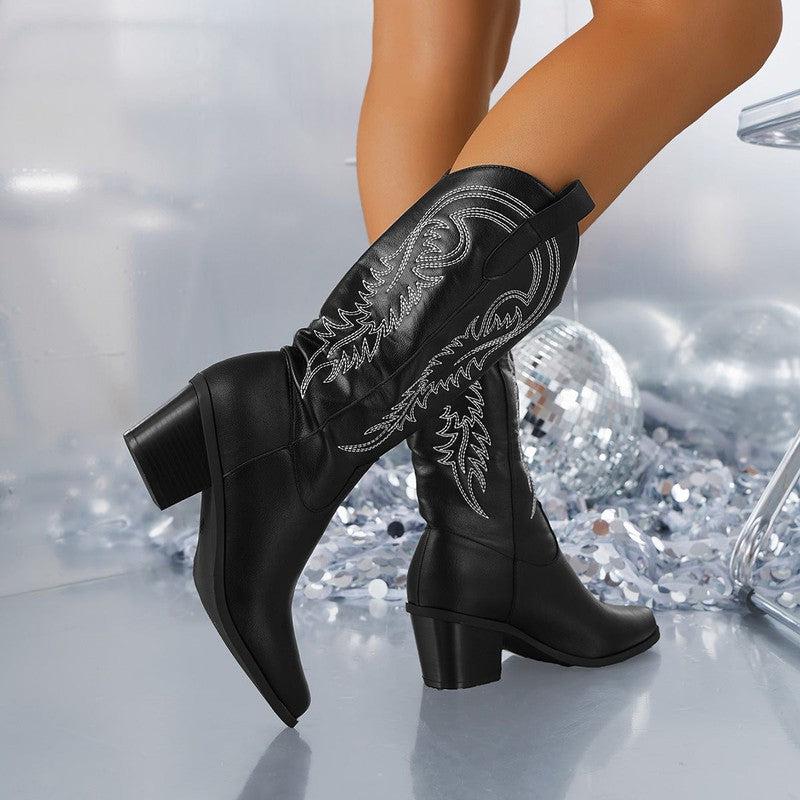 Cheky - White Knight Boots Fashion Embroidered Pointed Toe Square Heel Mid-calf Western Boots Women Autumn Winter Shoes