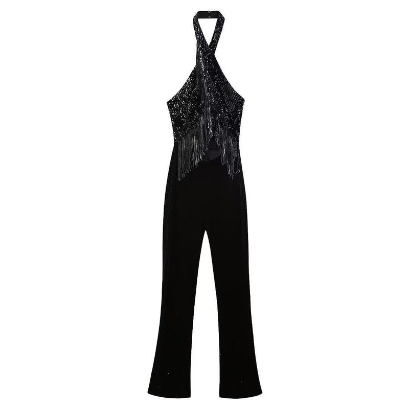 Cheky - New Halter Backless Tassel Beads Decoration Jumpsuit