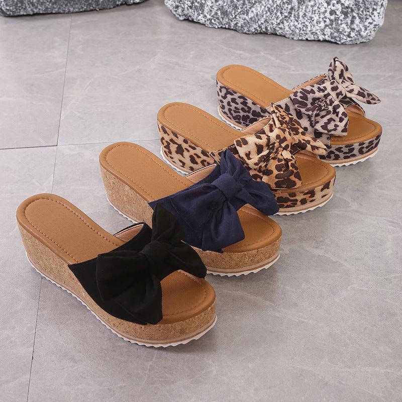 Cheky - Fashion Bow Leopard Print Wedge Slippers For Women New Thick-sole High Heel Flat Shoes Summer Outdoor Fish Mouth Slippers