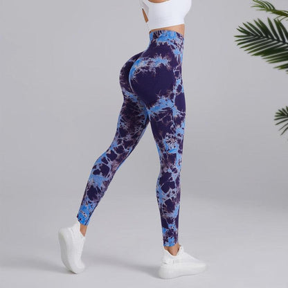 Cheky - Tie-dye Printed Yoga Pants Fashion Seamless High-waisted Hip-lifting Trousers Sports Running Fitness Pants For Womens Clothing