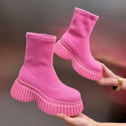 Cheky - Thick Sole Long Boots Solid Color New Fashion Trendy Fly-woven Elastic Shoes Women's Winter FootwearHigh Boots