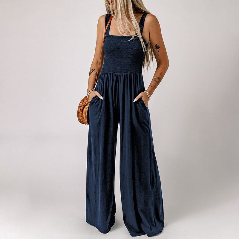 Cheky - Summer Square Neck High Waist Jumpsuit Women's Backless Pleated Design Wide Leg Trousers Clothing