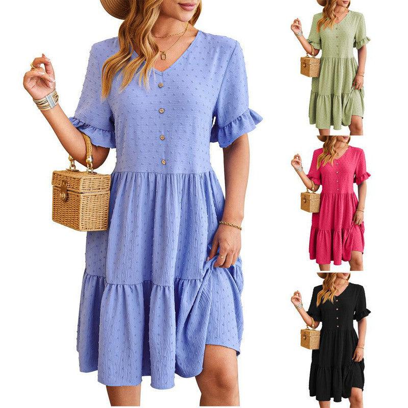 Cheky - New V-neck Ruffle Short-sleeved Dress Summer Casual Fashion Button Jacquard Design Pleated Dresses Solid Color Womens Clothing