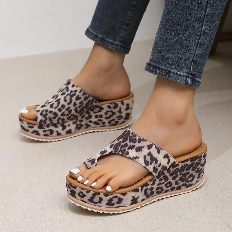 Cheky - Fashion Leopard Print Wedge Slippers For Women New Thick-sole High Heel Flip Flops Shoes Summer Outdoor Slippers