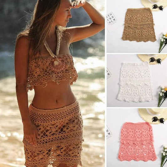 Cheky - New European and American Hand Hook Sexy Hollow Knitted Bikini Half Wrap Skirt Bohemian Beach Wrap Hip Short Skirt