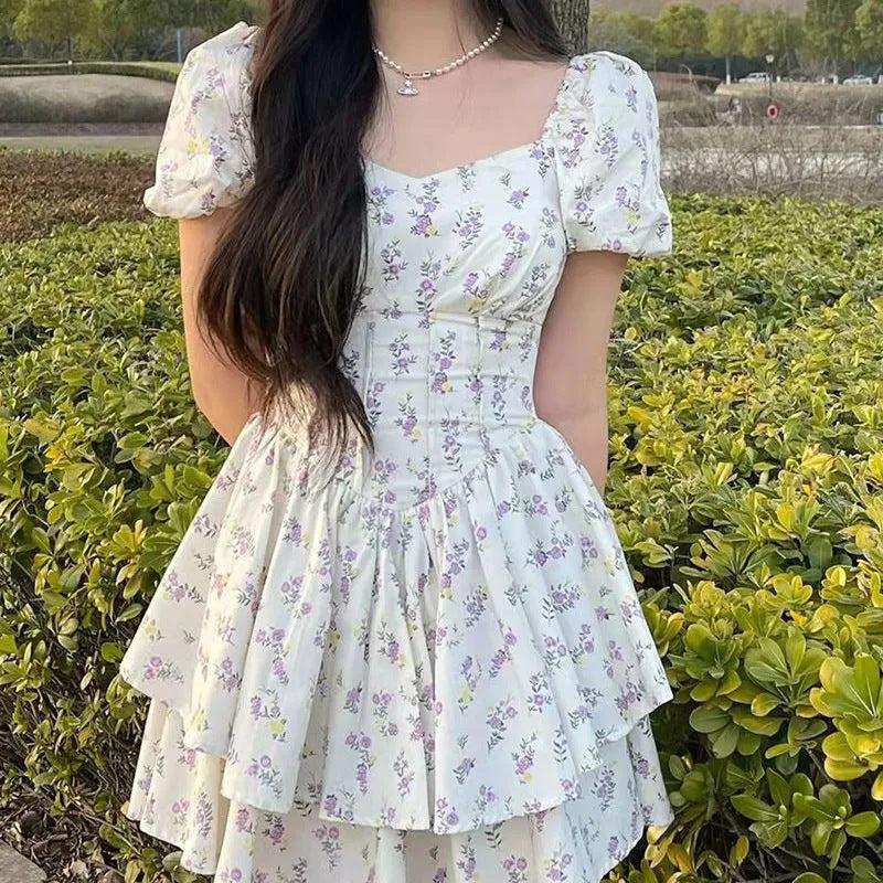 Cheky - Summer Soft Bubble Sleeve Princess Fragmented Flower Dress