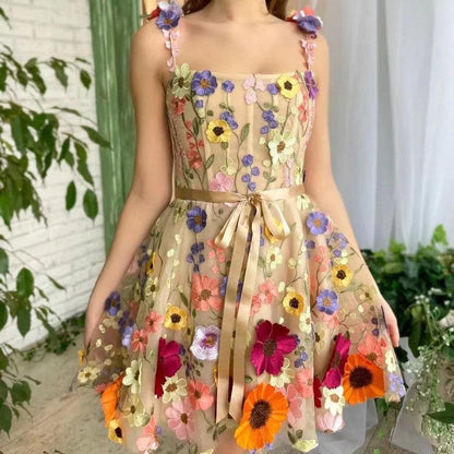 Cheky - Three-dimensional Flower Embroidery Dress Summer Fashion Sweet A-line Suspender Dresses For Womens Clothing