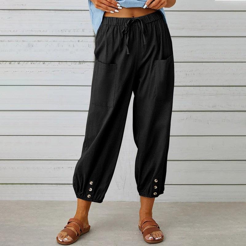 Cheky - Women Drawstring Tie Pants Spring Summer Cotton And Linen Trousers With Pockets Button