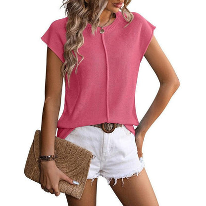 Cheky - New Knitted Round Neck Short-sleeved Top Summer Casual Loose Solid Color T-shirt Womens Clothing