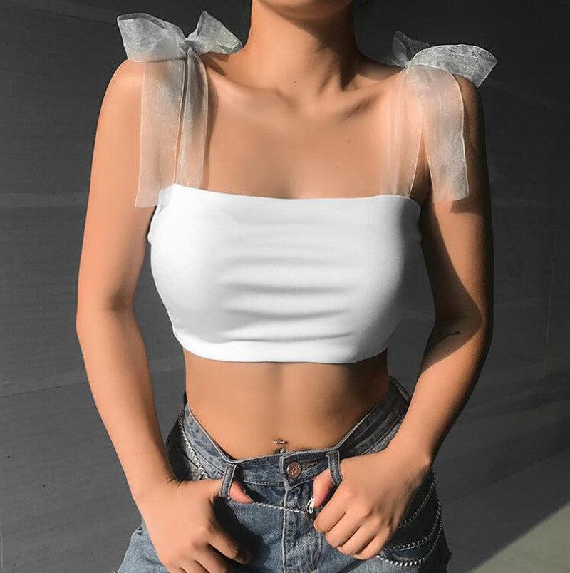 Cheky - Bandage Straps Solid White Top Ladies Summer Beach Camisole Tank Top Sleeveless Women Bralette Crop Tops