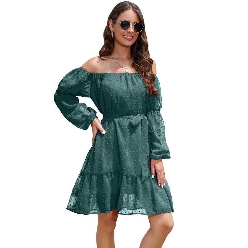 Cheky - Fashion One-shoulder Long Sleeve Dress For Women Tie Waist Off-shoulder Bubble Dot Ruffle Design Chiffon Dress