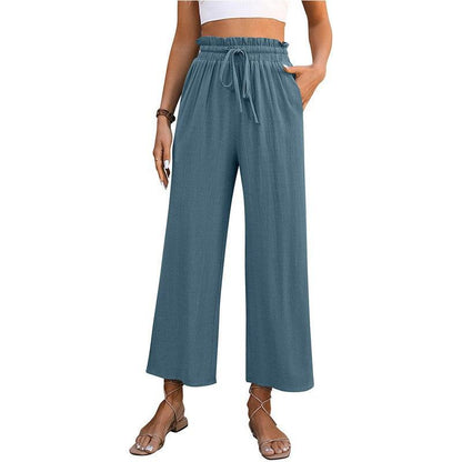 Cheky - Drawstring High Waist Straight Pants Summer Casual Solid Color Loose Wide Leg Trousers For Womens Clothing