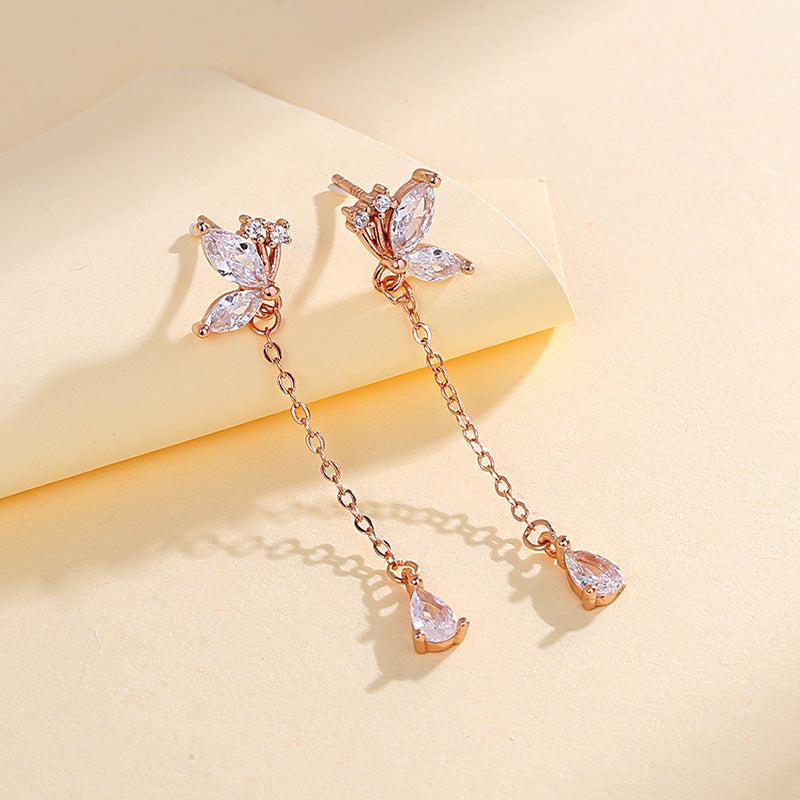 Cheky - S925 Butterfly Zircon Tassel Earrings Women's Niche Exquisite Long Earrings Jewelry