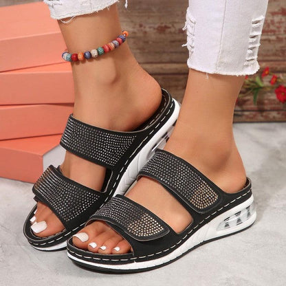 Cheky - New Air Cushion Wedges Sandals Summer Casual Rhinestone Slides Roman Sandals For Women Non-slip Beach Shoes