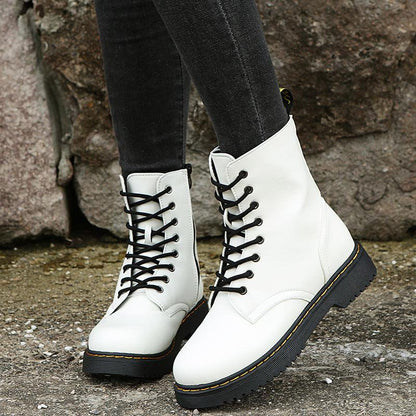 Cheky - Fashion Lace-up Boots For Women Autumn And Winter Black White Zipper Mid-calf Boots Elegant Low Heel Shoes