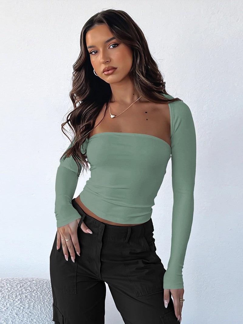 Cheky - Sexy Tube Top Cinched Waist T-shirt Long Sleeve Tight Two-piece Blouse Women's Top