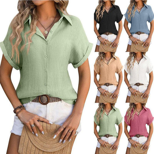 Cheky - Lapel Button Short Sleeve Top Summer Casual Loose Pleated Shirt For Womens Clothing