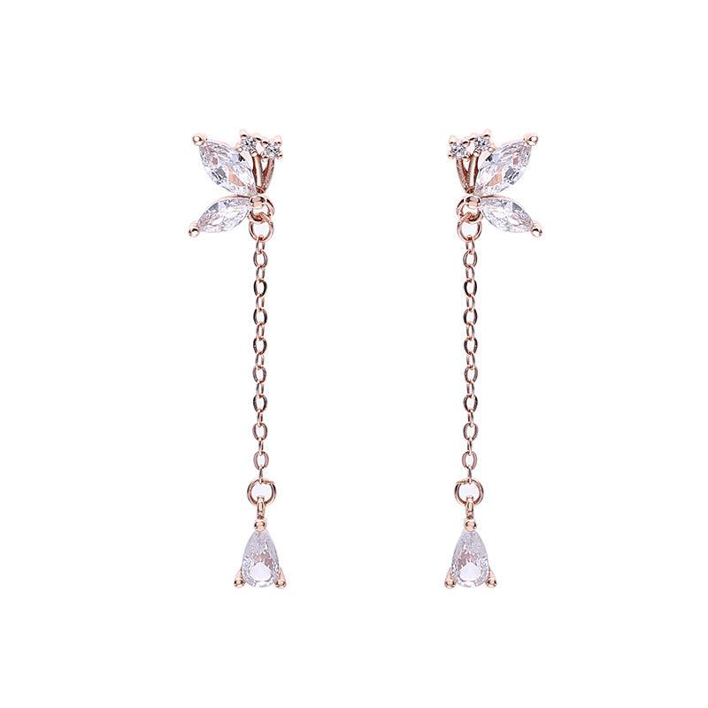 Cheky - S925 Butterfly Zircon Tassel Earrings Women's Niche Exquisite Long Earrings Jewelry