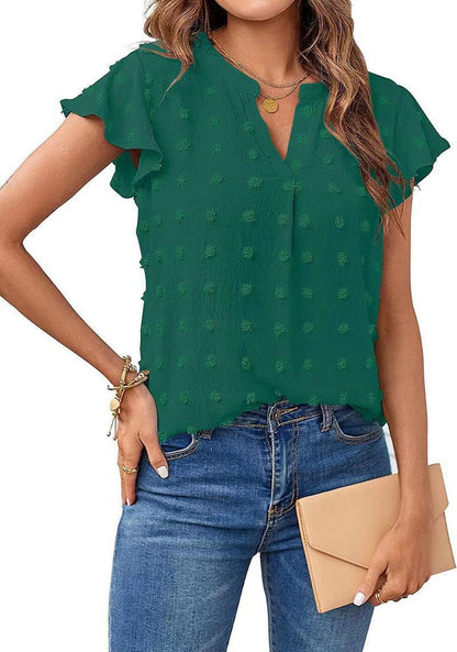 Cheky - Women Summer V Neck Ruffle Short Sleeve Blouse Dot Flowy Shirt Top