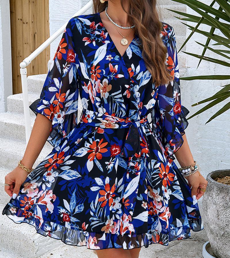 Cheky - Summer Floral Print Short Sleeves Dress Lace Up Ruffles Design Fashion V-neck Short Dresses Womens Clothing