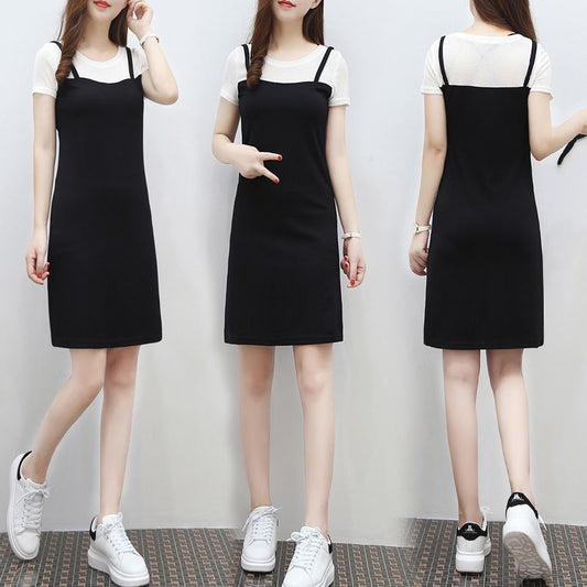 Cheky - Short sleeve mid long fake two piece suspender dress summer dress