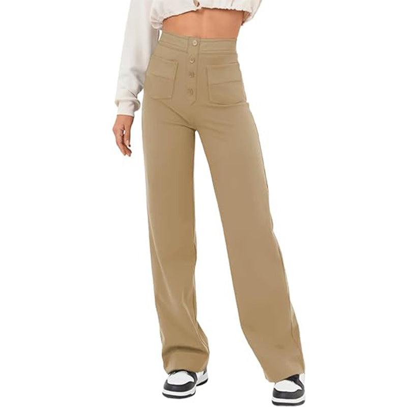 Cheky - Women's Clothing High Waist Pocket Wide Leg Button Casual Loose Straight Trousers