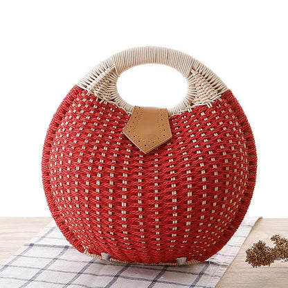 Cheky - Women's Natural Rattan Handwoven Round Shell Handbag Top-handle Bag Summer Fashion Bohemia Female Casual Tote Clutch Beach Bag