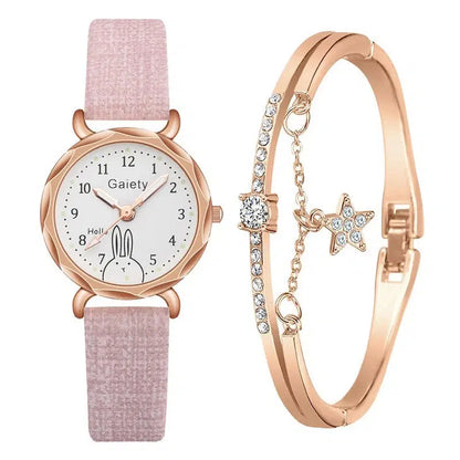 Cheky - Gaiety Brand 2pcs Set Casual Watch For Women Rhinestone Bracelet Watch Leather Ladies Wrist Clock Simple Dress Gfit Montre Femme