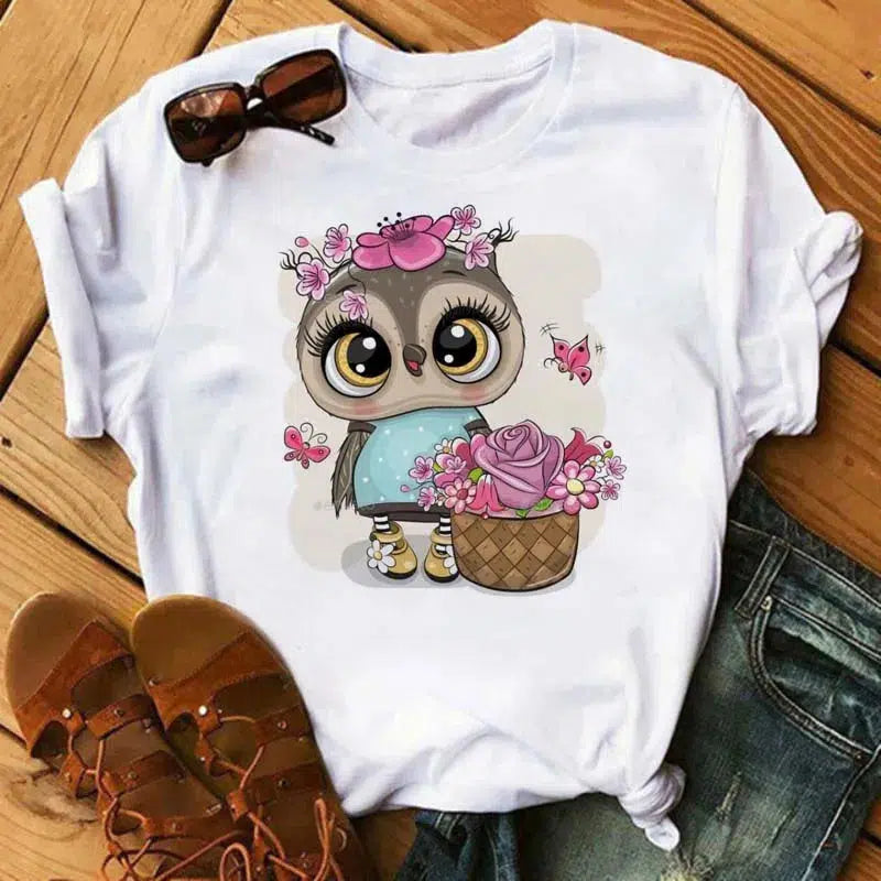 Cheky - Maycaur Cartoon Owl Print T Shirt Women Kawaii Graphic Shirts Casual Short Sleeved Black Female Tee O-neck Harajuku T-shirts