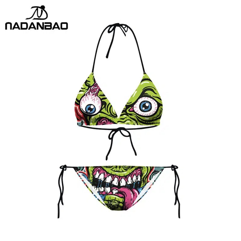 Cheky - Bikini 2023 Plavky Mujer Sexy Set Swimsuit biquini Skull Printed Women Bra Swimwear Green Bathing Suit Bikinis Y03002