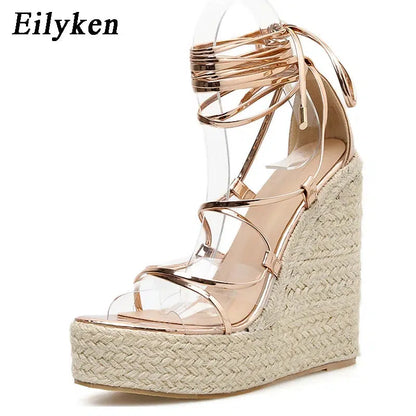 Cheky - Eilyken 2024 New Champagne Gold Wedges Sandals Women Lace-Up Peep Toe Summer High Heels Elegant Ankle Strap Shoes Large Size 42