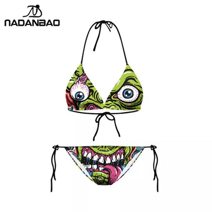 Cheky - Bikini 2023 Plavky Mujer Sexy Set Swimsuit biquini Skull Printed Women Bra Swimwear Green Bathing Suit Bikinis Y03002