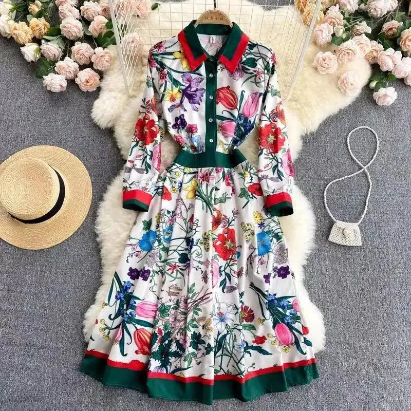 Cheky - Banulin 2021 Spring Autumn Fashion Runway Shirt Dress Women's Long Sleeve Elegant Floral Stripe Print OL Pleated Midi Dress