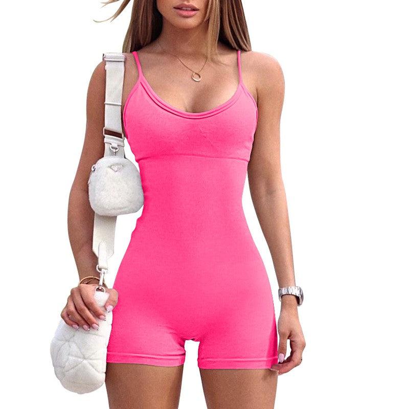 Cheky - Spaghetti Strap Shorts Jumpsuit Sports Yoga Workout Tight Romper Women Fashion Fitness Sportwear