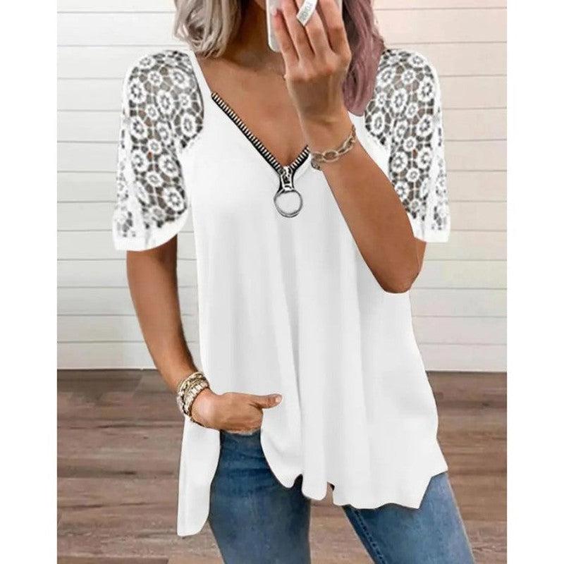 Cheky - Women's Heart-shaped Pattern Lace Zipper Design T-shirt