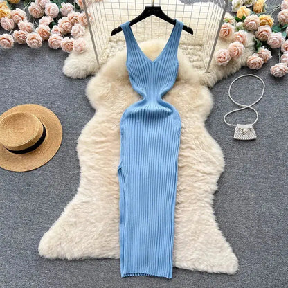 Cheky - YuooMuoo Chic Fashion Sexy Wrap Hips Split Knitted Autumn Dress Women Slim Elastic Bodycon Long Dress Streetwear Outfits Vestido