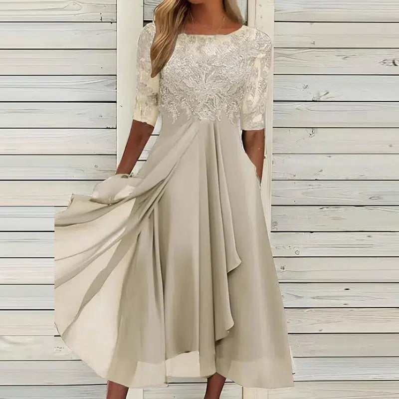 Cheky - New Elegant Green Party Dress Women O Neck Lace Half Sleeve Prom Dresses For Women Solid A-Line Dress Boho Sexy Long Dress