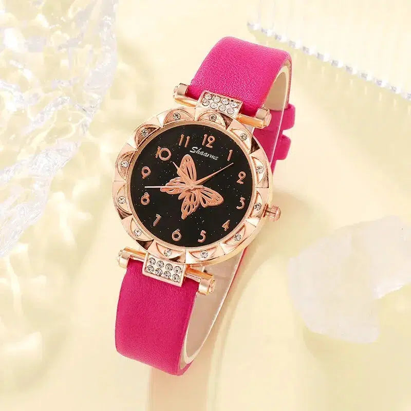 Cheky - 5PCS Set Womens Fashion Quartz Watch Female Clock Rose Red Butterfly Luxury Brand Design Women Watches Simple Ladies Wrist Watch