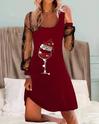 Cheky - Women's Dresses Summer Fashion Glitter Contrast Mesh Cold Shoulder Casual Plain Long Sleeve Daily Mini Flared Dress